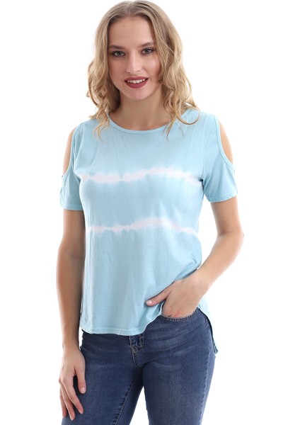 Kadın Omuz Açık Bebek Mavi Batik T-Shirt