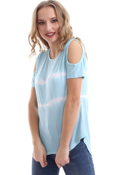 Kadın Omuz Açık Bebek Mavi Batik T-Shirt fiyatları