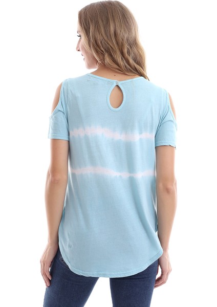Kadın Omuz Açık Bebek Mavi Batik T-Shirt fırsatları