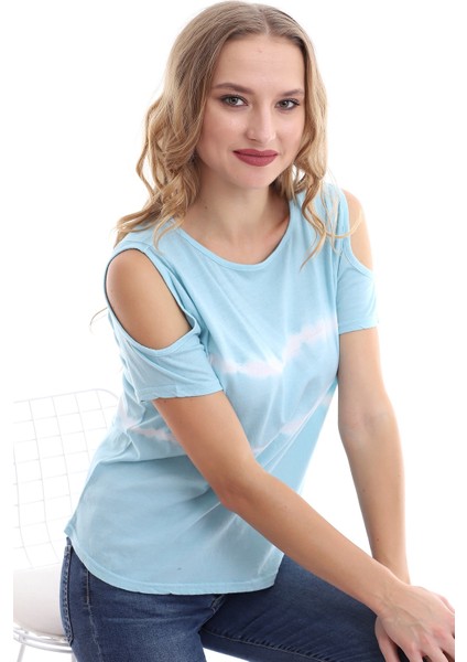 Kadın Omuz Açık Bebek Mavi Batik T-Shirt indirimleri