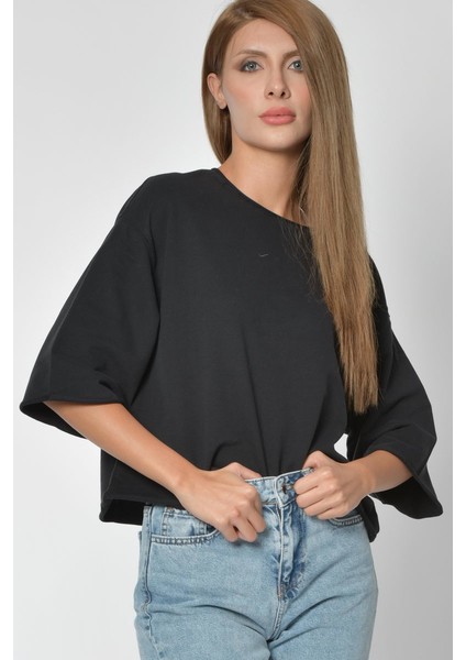 Yuvarlak Yaka Sweatshirt - Siyah Siyah - L