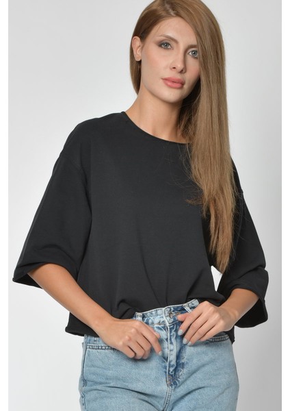 Yuvarlak Yaka Sweatshirt - Siyah Siyah - L