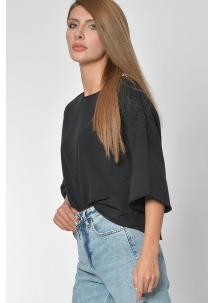 Yuvarlak Yaka Sweatshirt - Siyah Siyah - L