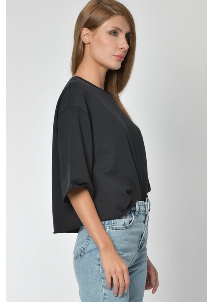 Yuvarlak Yaka Sweatshirt - Siyah Siyah - L