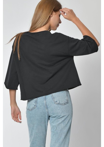 Yuvarlak Yaka Sweatshirt - Siyah Siyah - L