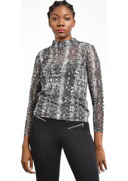 Transparan Leopar Desenli Kadın Bluz - Siyah Siyah - M fırsatları