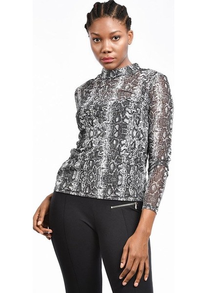 Transparan Leopar Desenli Kadın Bluz - Siyah Siyah - M indirimleri