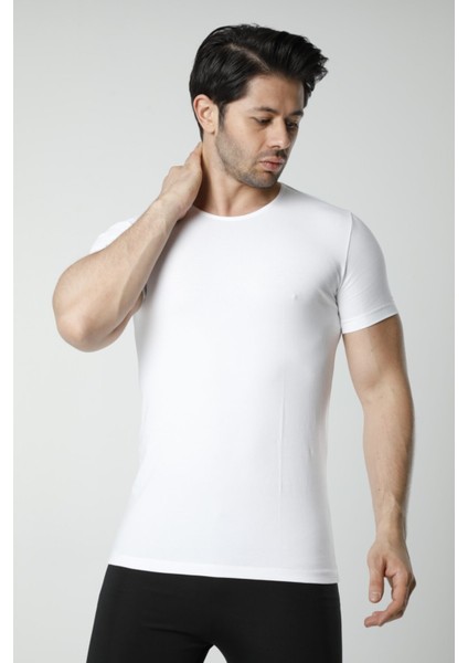 704 Pamuklu Bisiklet Yaka Erkek Atlet - Beyaz