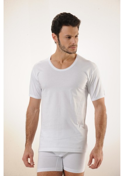 606 3'lü Ribana %100 Pamuk Süprem Bisiklet Yaka Erkek Atlet - Beyaz