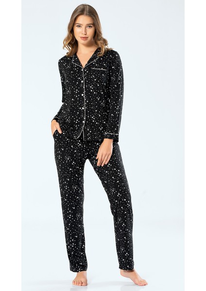 3327 Kadın Yıldızlı Uzun Kollu Gömlek Yaka Pijama Takım - Siyah
