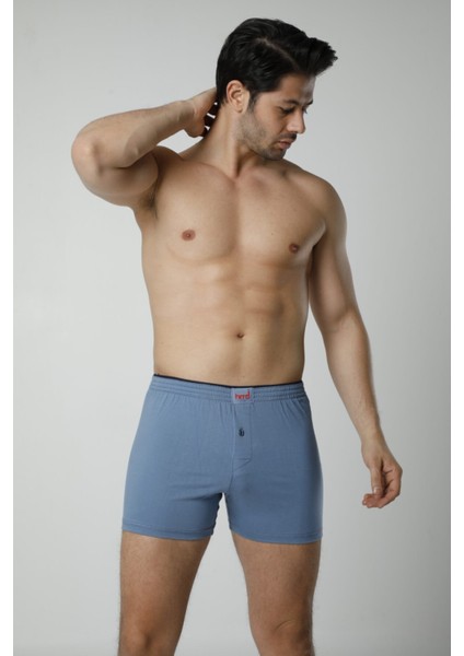 305 Pamuklu Düğme Detay Likralı Erkek Boxer Külot - Mavi