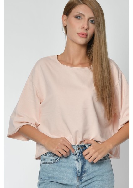 Yuvarlak Yaka Sweatshirt - Pembe Pembe - L