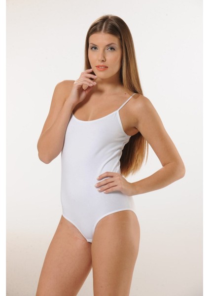 3001 Pamuk Ince Askılı Çıtçıtlı Body - Beyaz