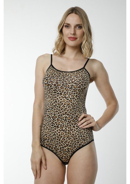 3003 Leopar Desenli Ince Askılı Pamuklu Çıtçıtlı Body - Leopar