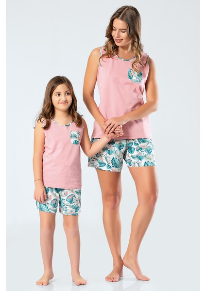 3342 Anne & Kız Çocuk Dokuma Yapraklı Kolsuz Şort Takım - Pudra