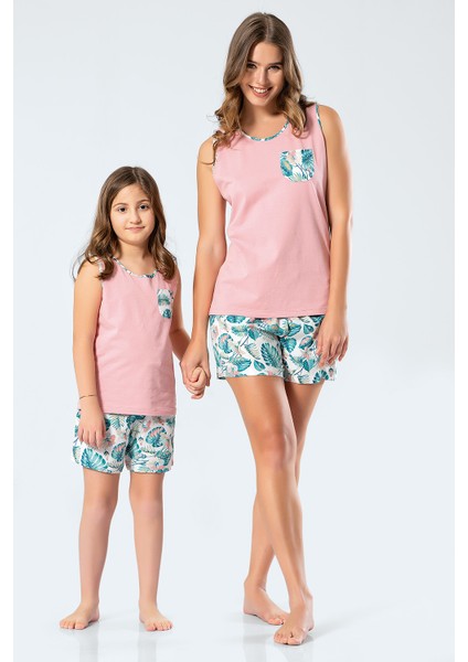 3342 Anne & Kız Çocuk Dokuma Yapraklı Kolsuz Şort Takım - Pudra fiyatları