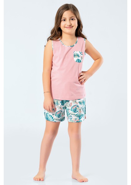 3342 Anne & Kız Çocuk Dokuma Yapraklı Kolsuz Şort Takım - Pudra indirimleri