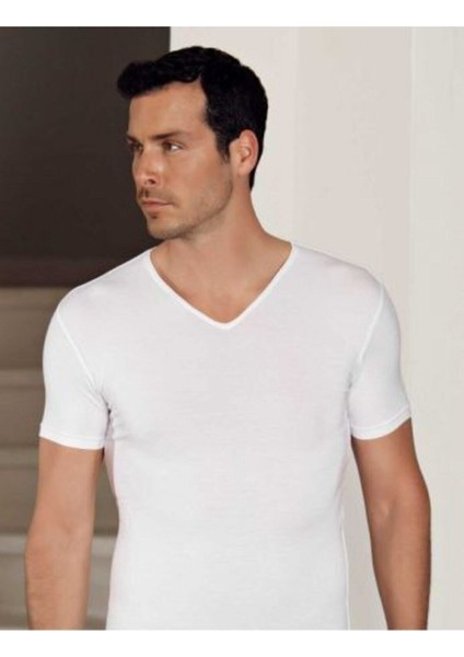 712 Derin V Yaka Kısa Kollu Likralı T-Shirt - Beyaz