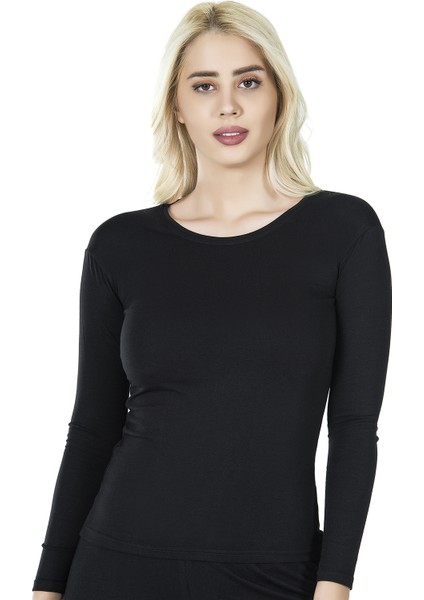 Bisiklet Yaka Uzun Kol Kadın Siyah Tişört 244