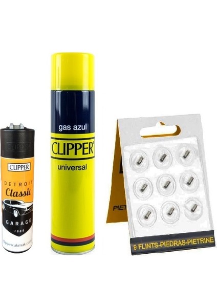 Clipper Arabalar Serisi Taşlı Çakmak + Çakmak Gazı + 9'lu Çakmak Taşı