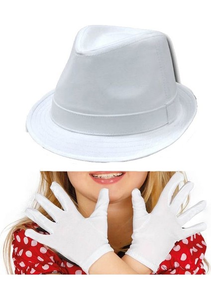 Çocuk Fötr Gösteri Şapkası ve Eldiveni Beyaz Renk 6-7 Yaş