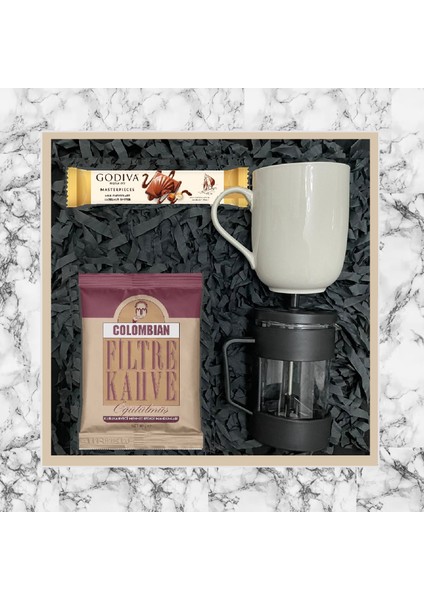 Colombian 80 gr & Siyah French Press & Beyaz Kupa Bardak & Godiva Çikolata Seti