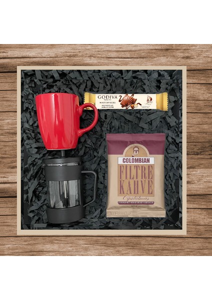 Colombian 80 gr & Siyah French Press & Kırmızı Kupa Bardak & Godiva Çikolata Seti