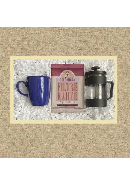 Colombian 80 gr & Siyah French Press & Lacivert Kupa Bardak Seti