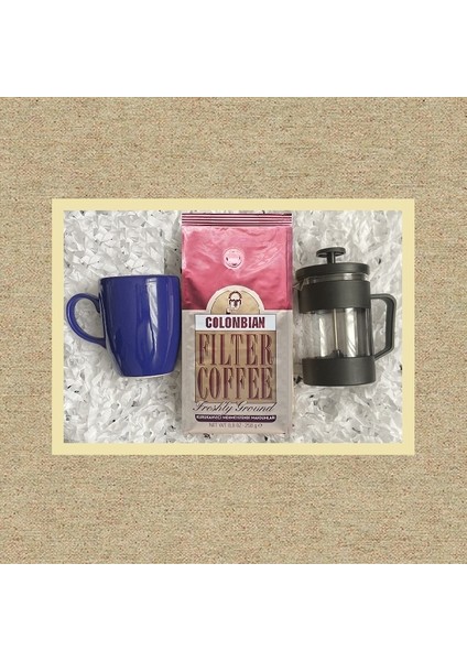 Colombian 250 gr & Siyah French Press & Lacivert Kupa Bardak Seti