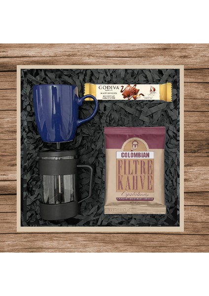 Colombian 80 gr & Siyah French Press & Lacivert Kupa Bardak & Godiva Çikolata Seti