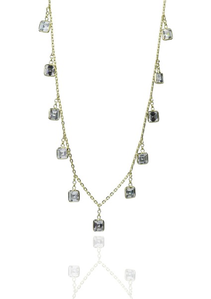 Kadın Kare Zirkon Taşlı Altın Renk Gümüş Kolye