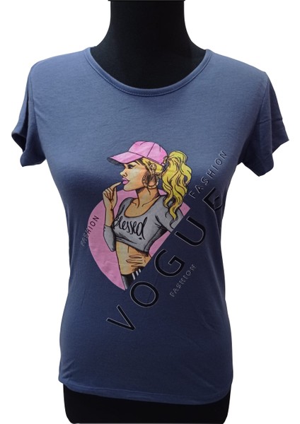 Lacivert Kız Baskılı Kısa Kollu T-Shirt
