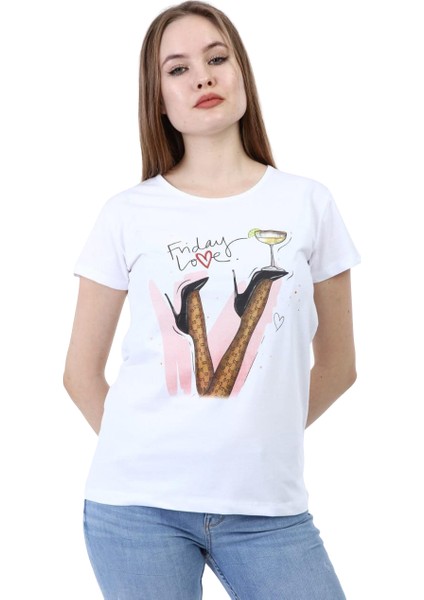 Beyaz Friday Baskılı Kısa Kollu T-Shirt