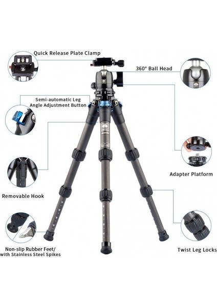 AM-223+B-00K Profesyonel Kompakt Karbon Tripod Kiti