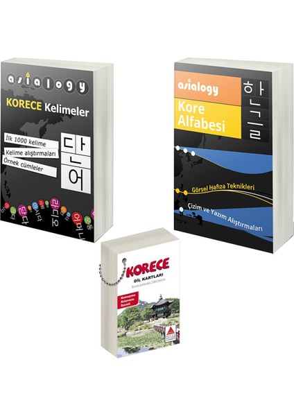 Asialogy Korece Kelimeler, Kore Alfabesi ve Korece Dil Kartı 3 Kitap Set Korece Öğreten Kitaplar