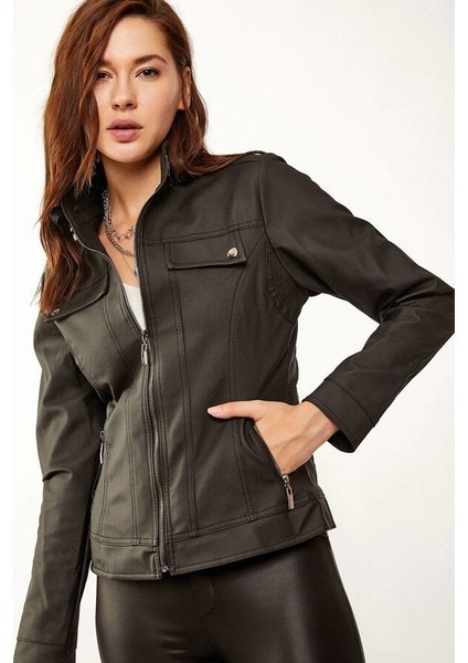 Kadın Hakim Yaka Deri Mont Siyah