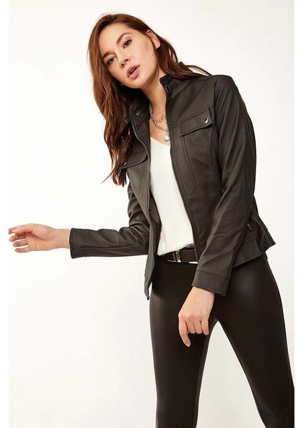 Kadın Hakim Yaka Deri Mont Siyah fiyatları