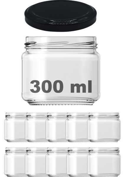 300 cc Kavanoz Metal Siyah Konserve Kapaklı 300 ml Şeffaf Cam Kavanoz 10 Adet