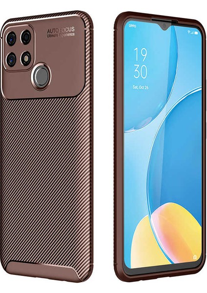 Oppo A15S Kılıf Karbon Desenli Lux Neyro Silikon + Tam Kaplayan 6d Nano Ekran Koruyucu Kahverengi
