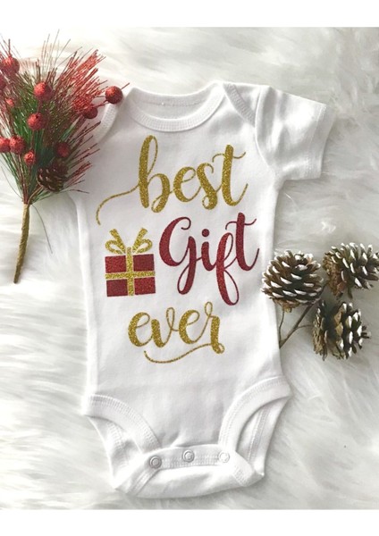 Unisex Bebek Beyaz Yılbaşı Baskılı Zıbın