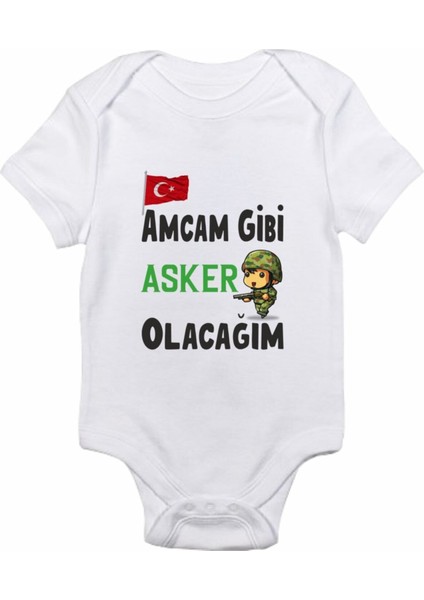 Unisex Bebek Beyaz Amcam Gibi Asker Olacağım Baskılı Body Zıbın