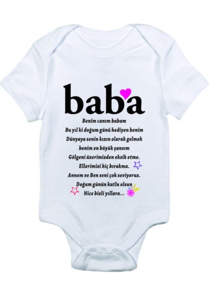 Kız Bebek Beyaz Baba Doğum Günü Baskılı Zıbın Body