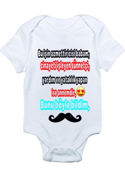 Erkek Bebek Beyaz Komik Sünnet Tasarımı Baskılı Zıbın