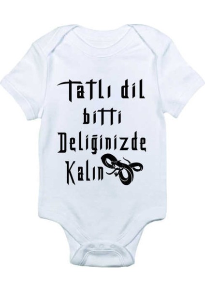 Bebek Beyaz Tatlı Dil Bitti Deliğinizde Kalın Baskılı Zıbın Body