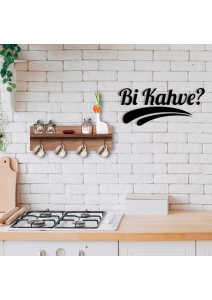 Gift Doğal Ahşap Raflı Dekoratif Fincan Askılığı ve Bi Kahve Duvar Süsü-1
