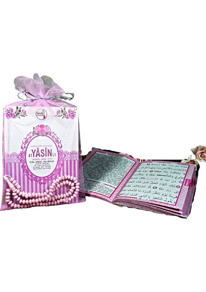 Yayınları 100'lü Yasin Çanta Boy Tül Keseli Tesbihli 80 Sayfa Pembe Renk Mevlüd