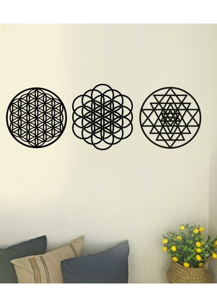 Şirin Lazer Yaşam Çiçeği Sri Yantra ve Torus Ahşap Mdf Duvar Dekoru Tablo 3'lü Set