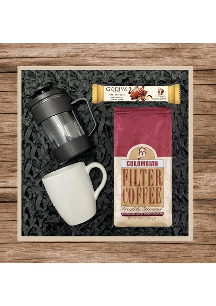 Colombian 250 gr & Siyah French Press & Beyaz Kupa Bardak & Godiva Çikolata Hediye Seti