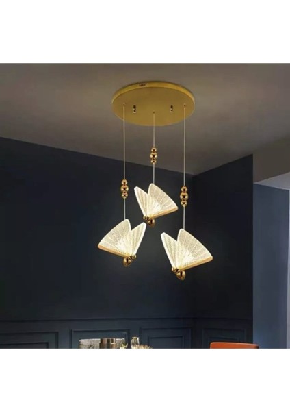 Elegance Modern Kelebek Tasarım Üçlü Sarkıt LED Avize Rose Gold Sarı Harika Görsel BURENZE809