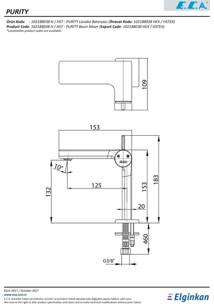 Eca Purity Lavabo Bataryası 102188038H fiyatları